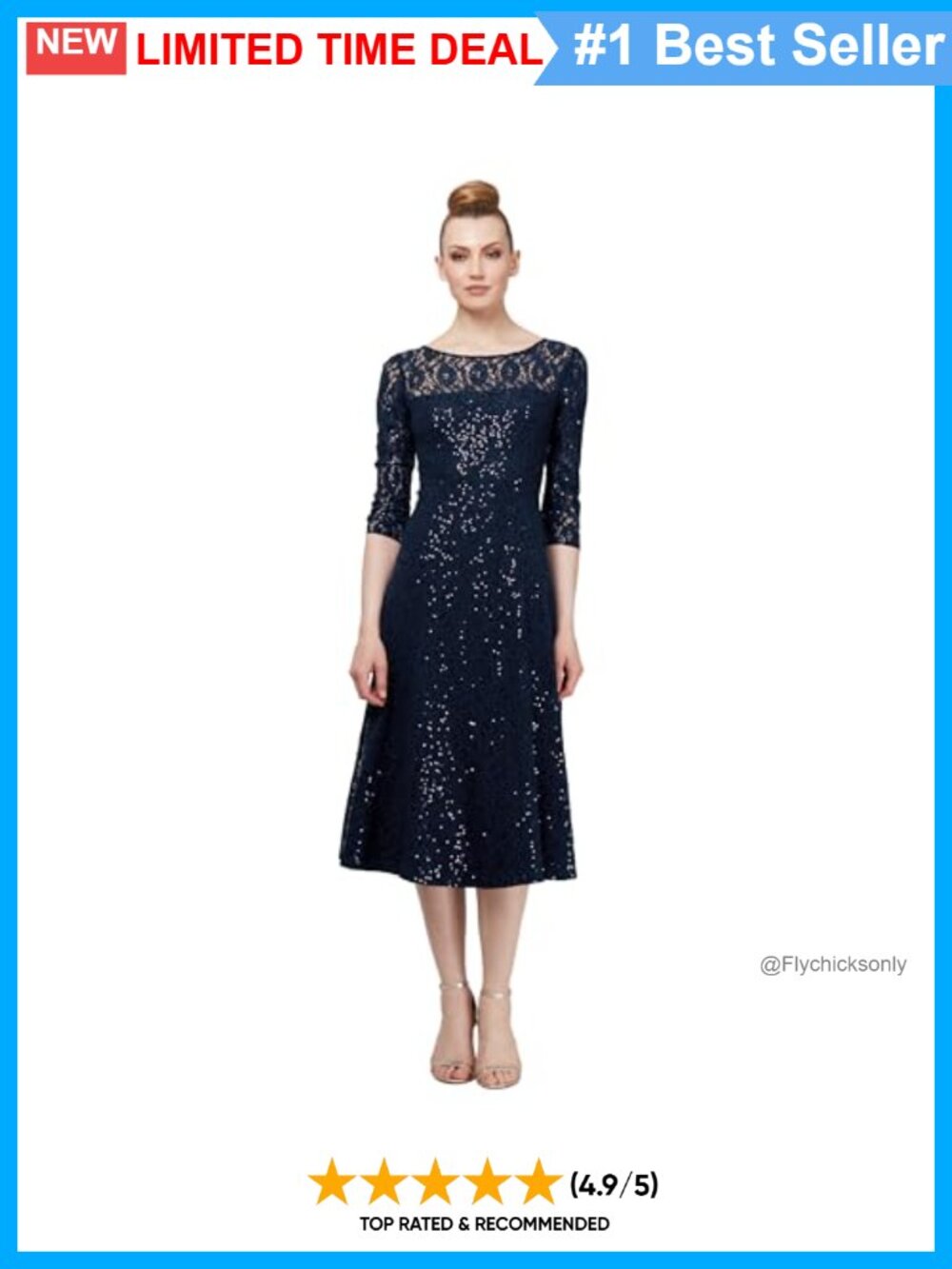 Tea Length Sequin Lace 3/4 Sleeve Fit Flare Dress